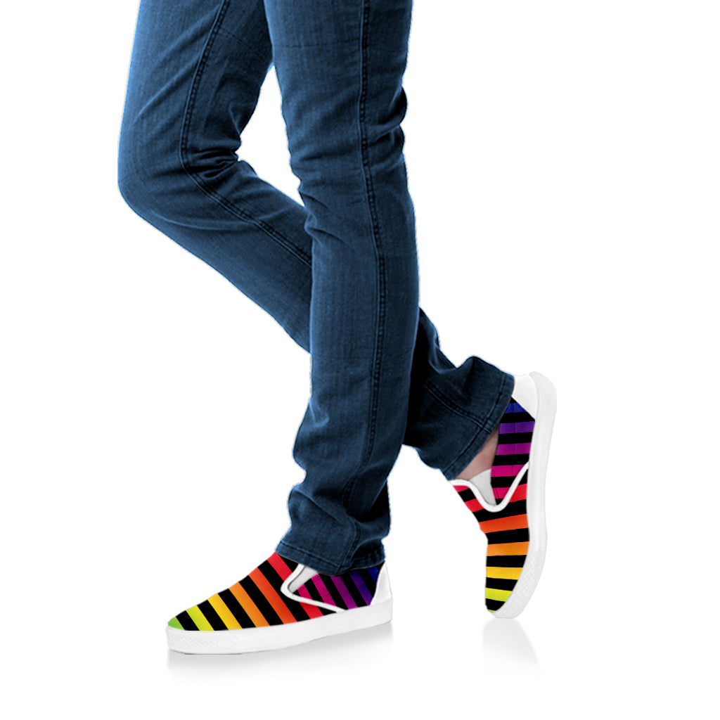Rainbow Striped Pattern Print White Slip On Shoes