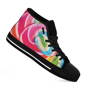 Rainbow Swirl Candy Print Black High Top Shoes