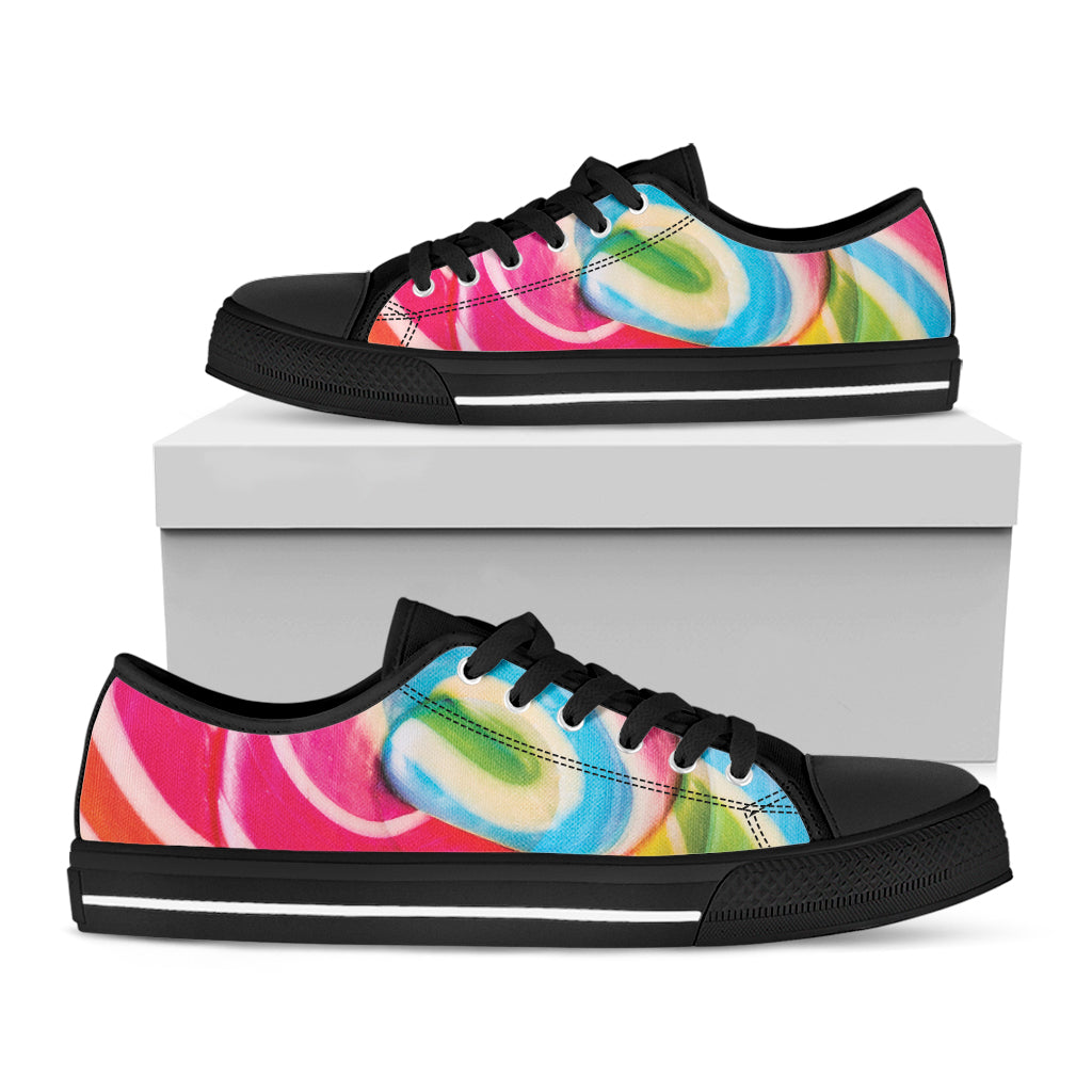 Rainbow Swirl Candy Print Black Low Top Shoes