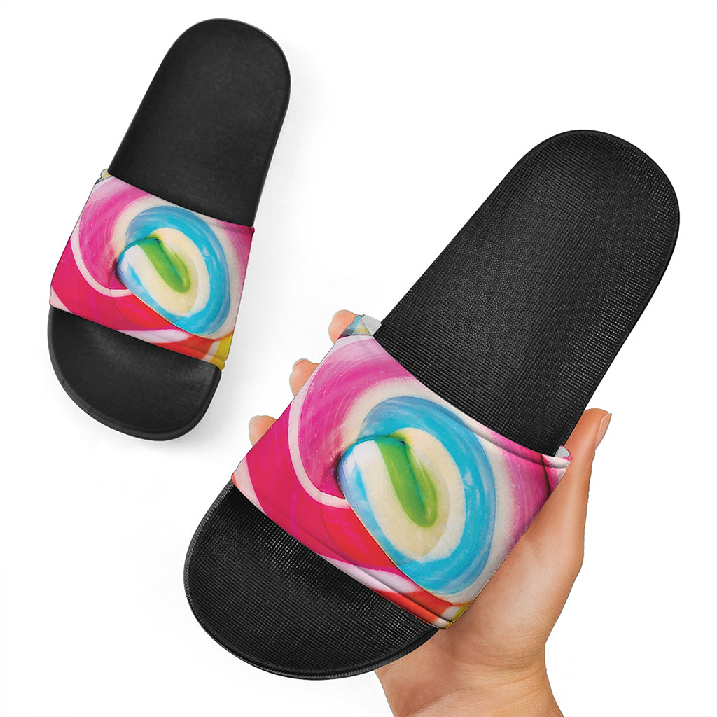 Rainbow Swirl Candy Print Black Slide Sandals