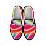 Rainbow Swirl Candy Print Black Slip On Shoes