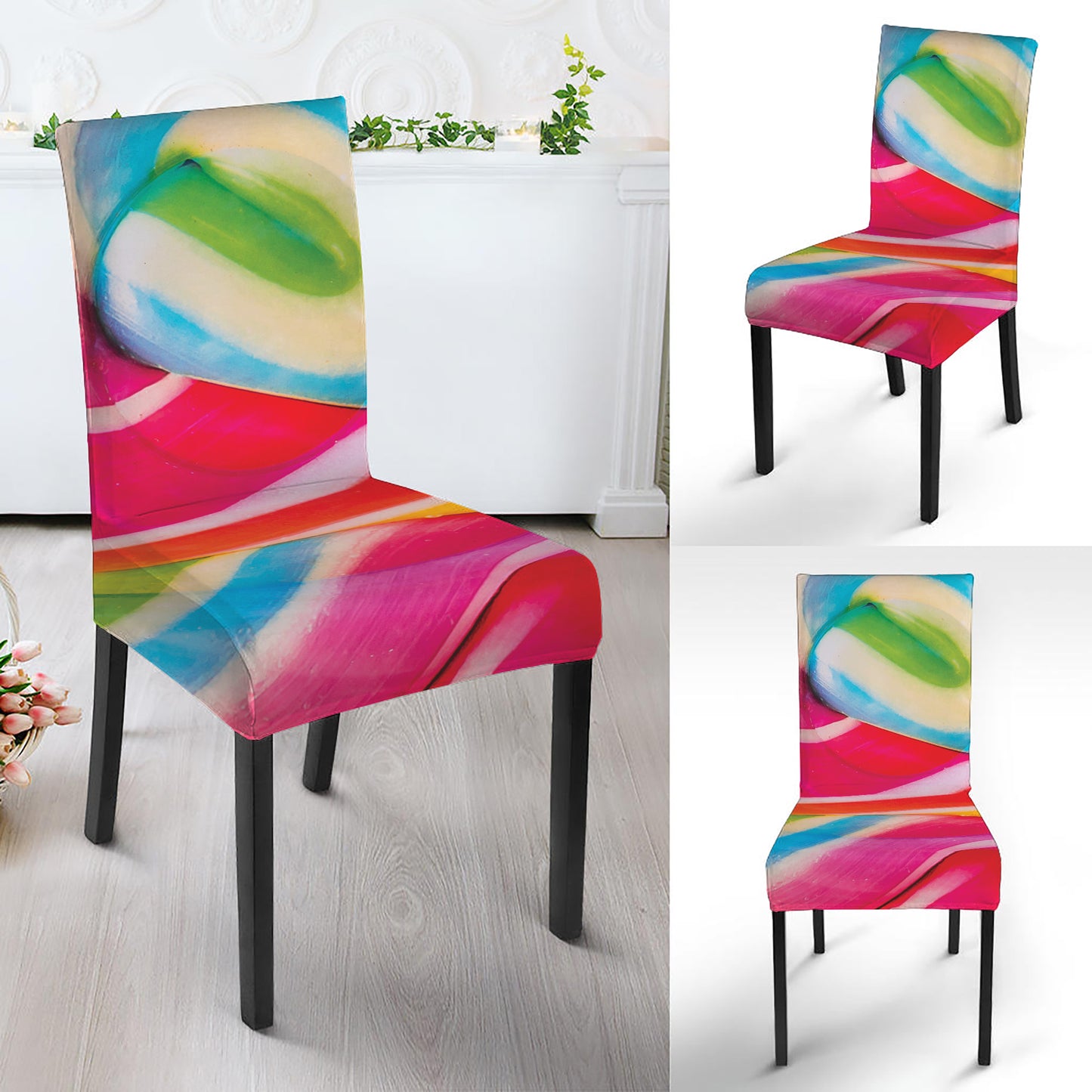 Rainbow Swirl Candy Print Dining Chair Slipcover