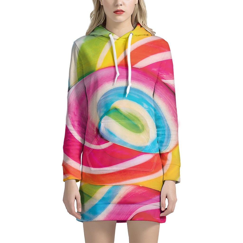 Rainbow Swirl Candy Print Hoodie Dress