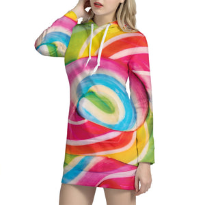 Rainbow Swirl Candy Print Hoodie Dress