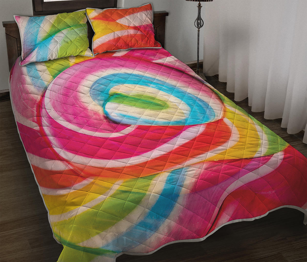 Rainbow Swirl Candy Print Quilt Bed Set