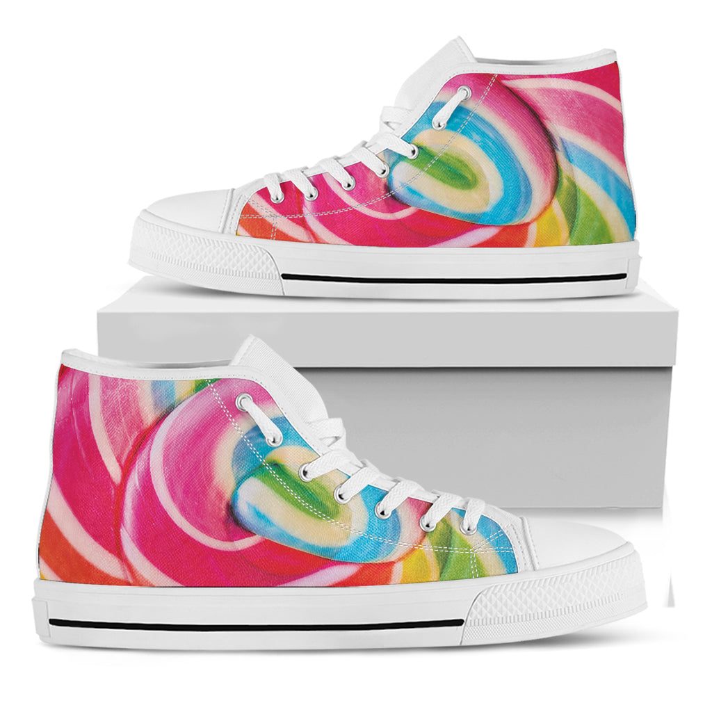 Rainbow Swirl Candy Print White High Top Shoes