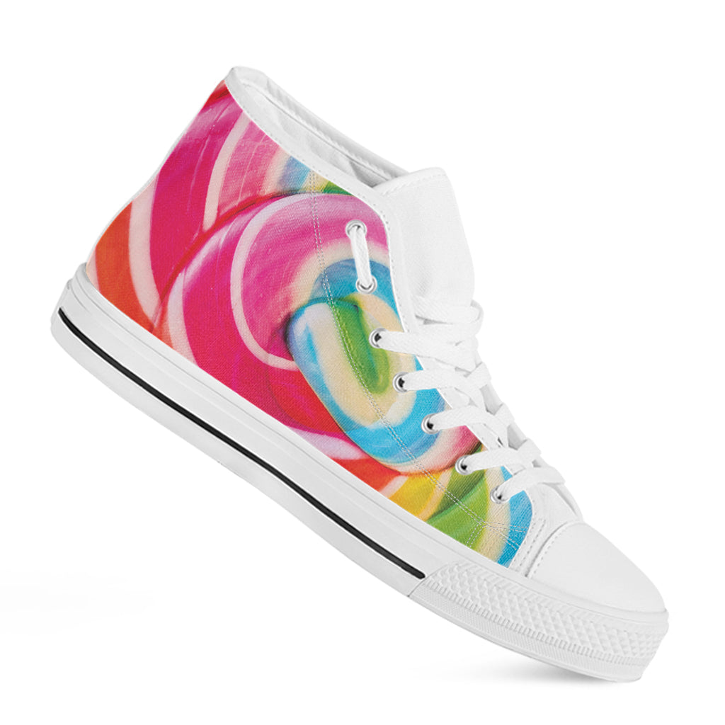 Rainbow Swirl Candy Print White High Top Shoes