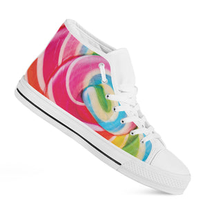 Rainbow Swirl Candy Print White High Top Shoes