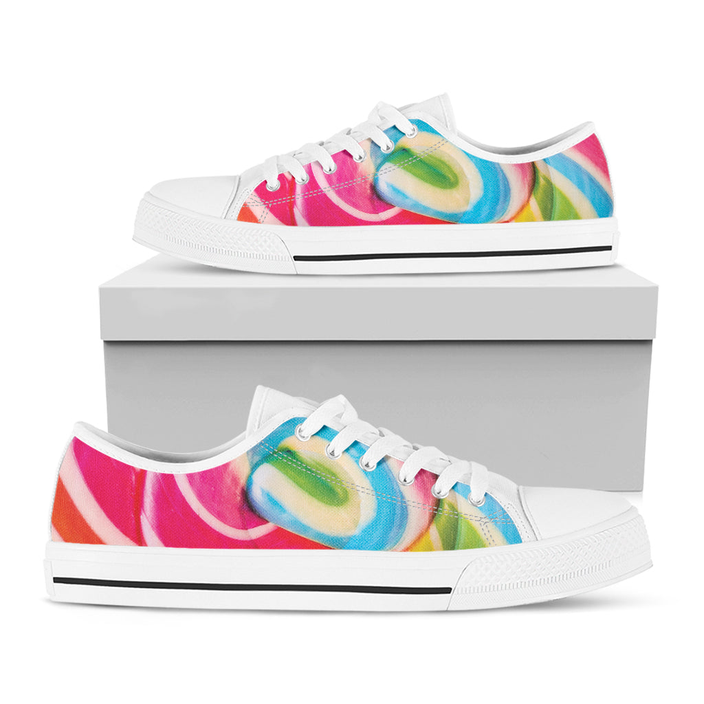 Rainbow Swirl Candy Print White Low Top Shoes