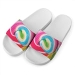 Rainbow Swirl Candy Print White Slide Sandals
