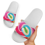 Rainbow Swirl Candy Print White Slide Sandals