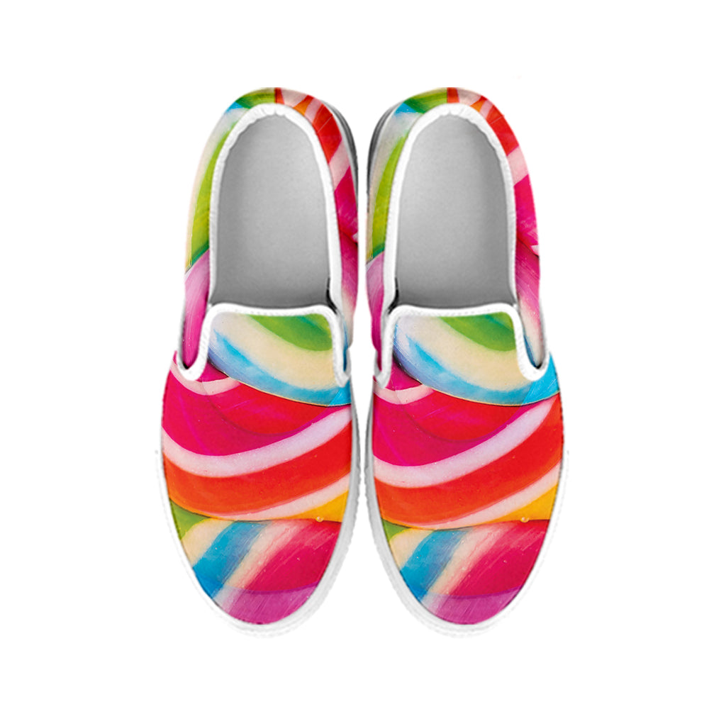 Rainbow Swirl Candy Print White Slip On Shoes