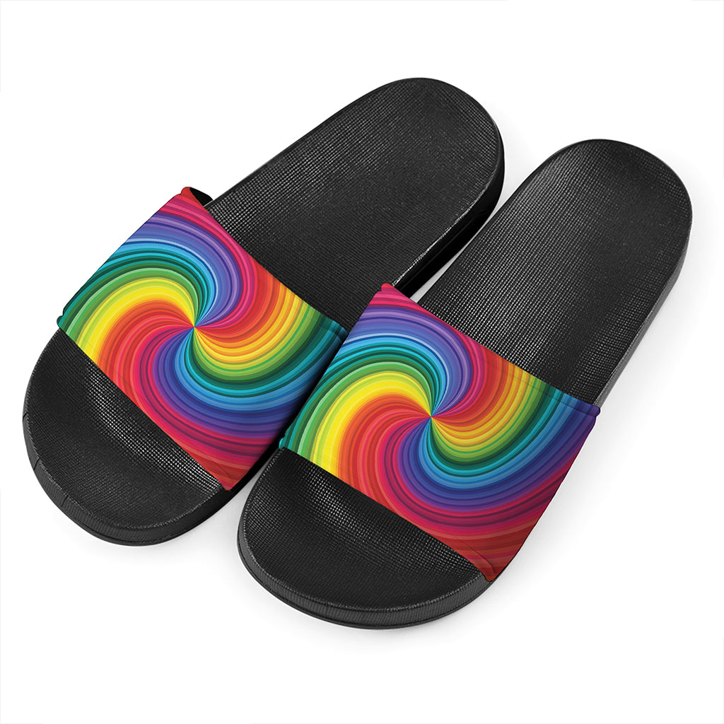 Rainbow Swirl Print Black Slide Sandals