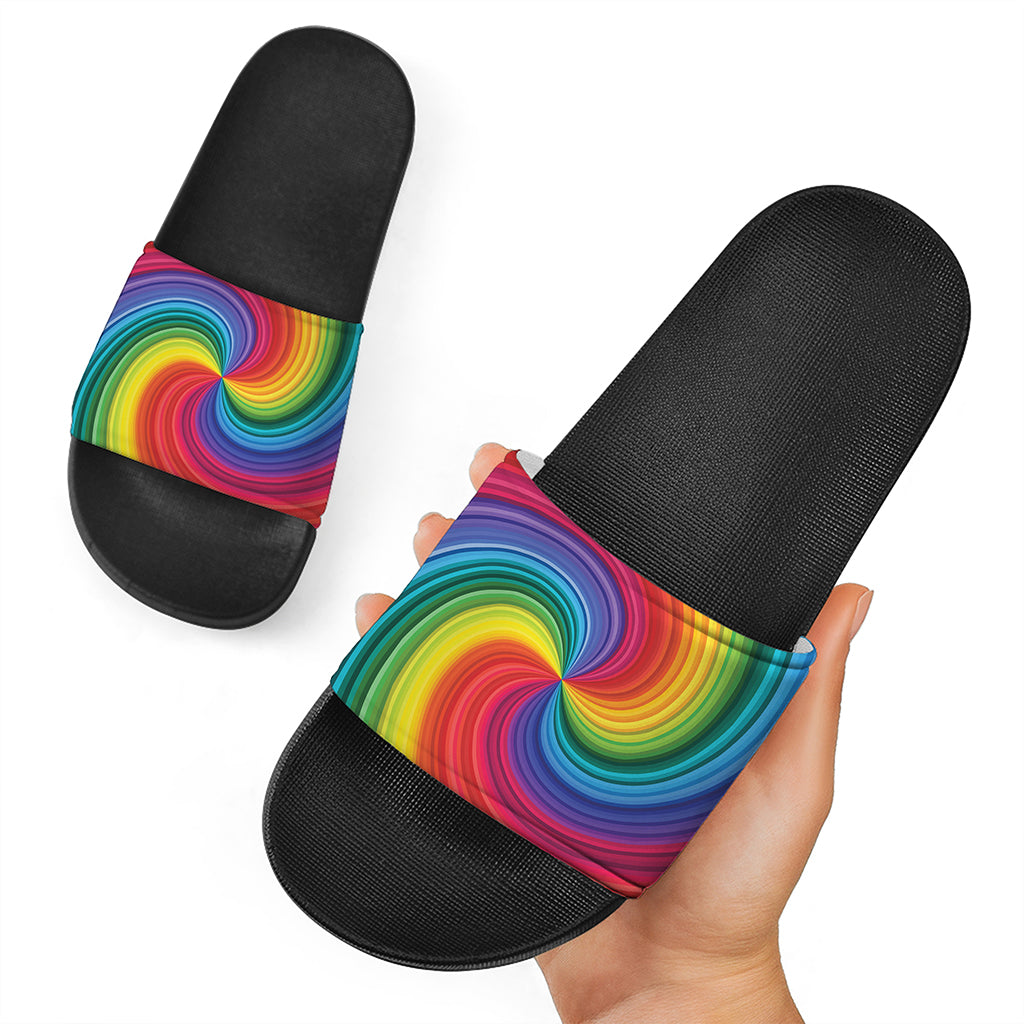 Rainbow Swirl Print Black Slide Sandals