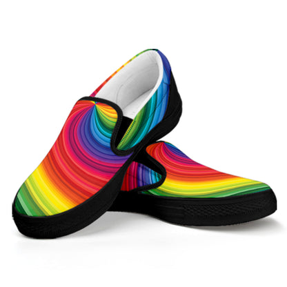 Rainbow Swirl Print Black Slip On Shoes