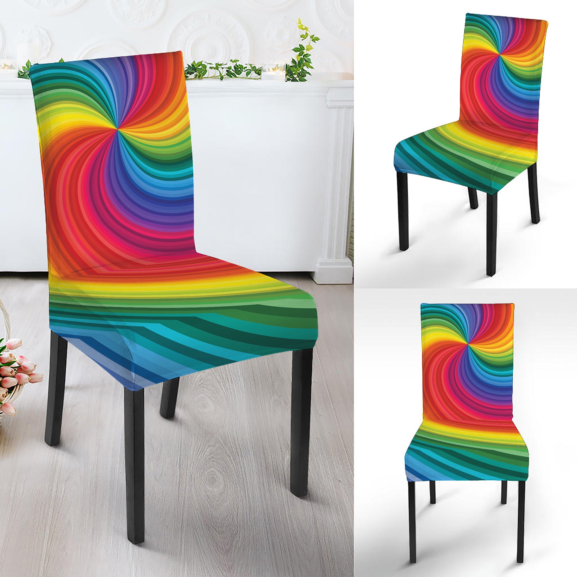 Rainbow Swirl Print Dining Chair Slipcover