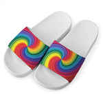 Rainbow Swirl Print White Slide Sandals