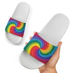 Rainbow Swirl Print White Slide Sandals