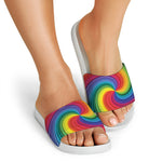 Rainbow Swirl Print White Slide Sandals