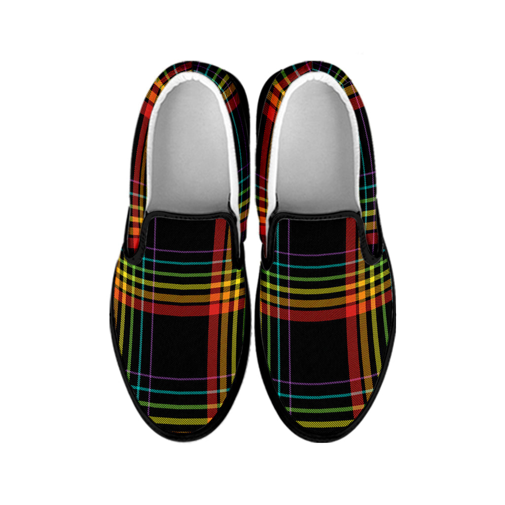 Rainbow Tartan Pattern Print Black Slip On Shoes
