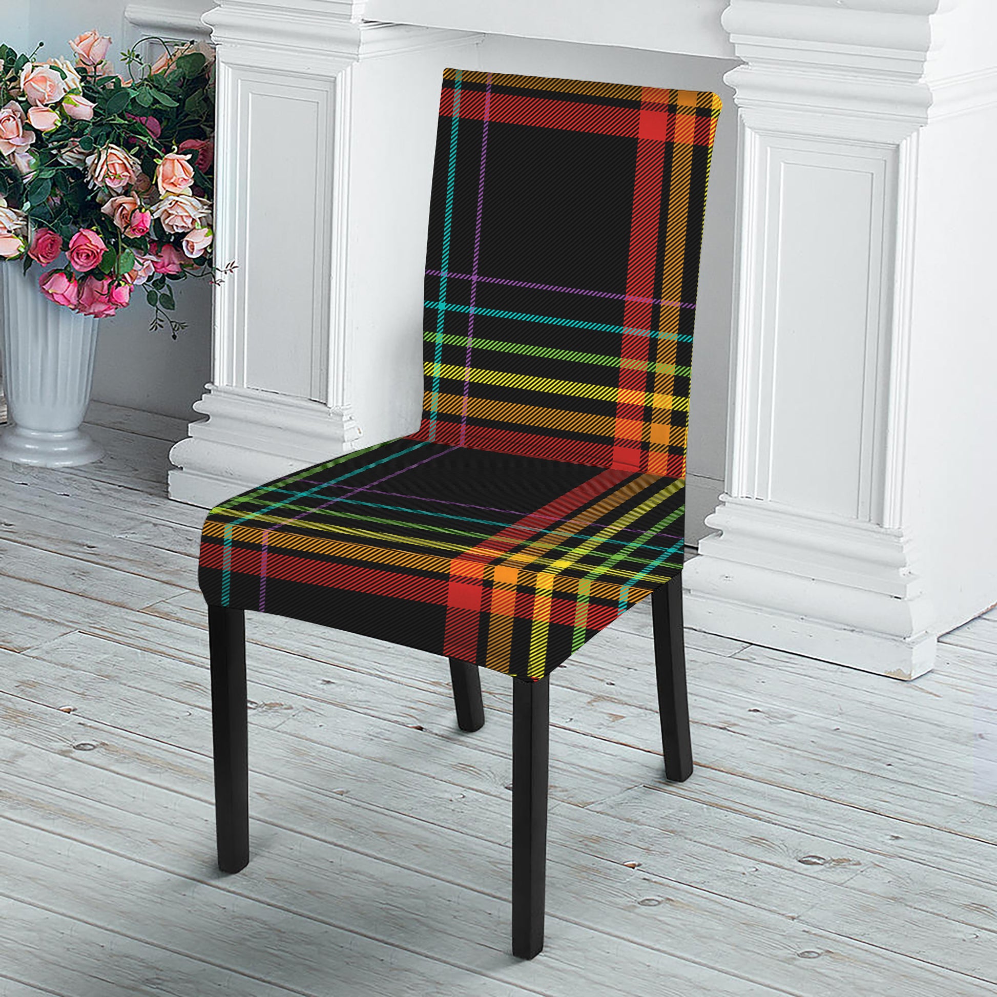 Rainbow Tartan Pattern Print Dining Chair Slipcover