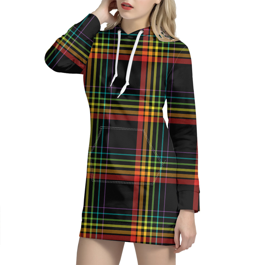 Rainbow Tartan Pattern Print Hoodie Dress