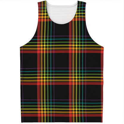 Rainbow Tartan Pattern Print Men's Tank Top