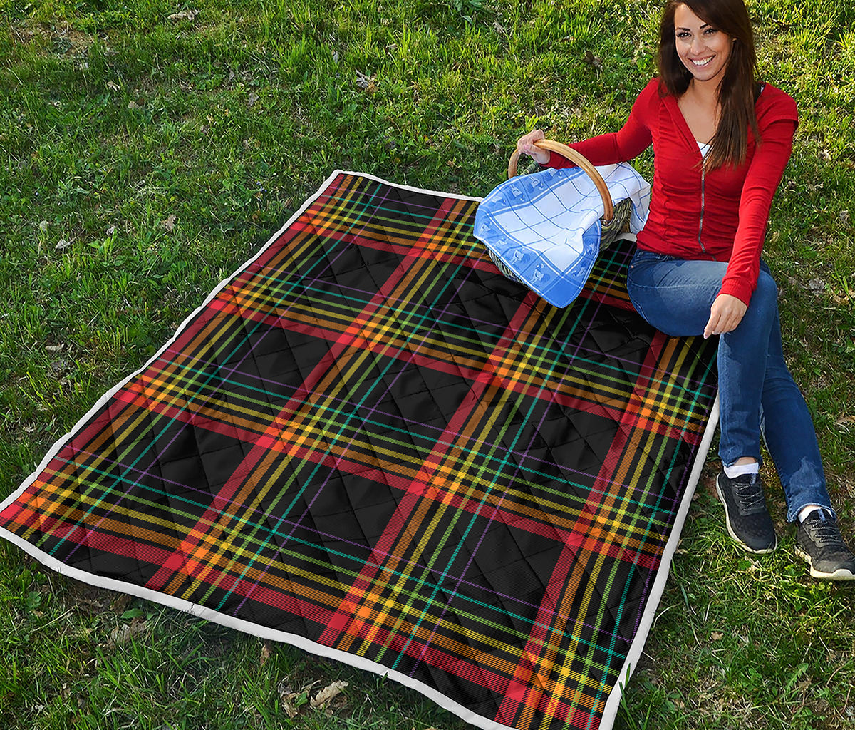 Rainbow Tartan Pattern Print Quilt