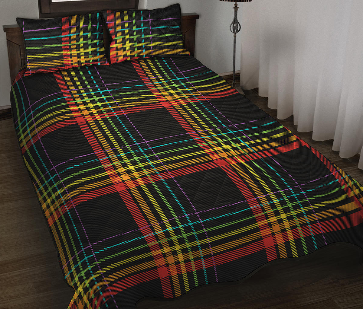 Rainbow Tartan Pattern Print Quilt Bed Set