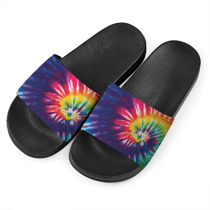 Rainbow Tie Dye Print Black Slide Sandals