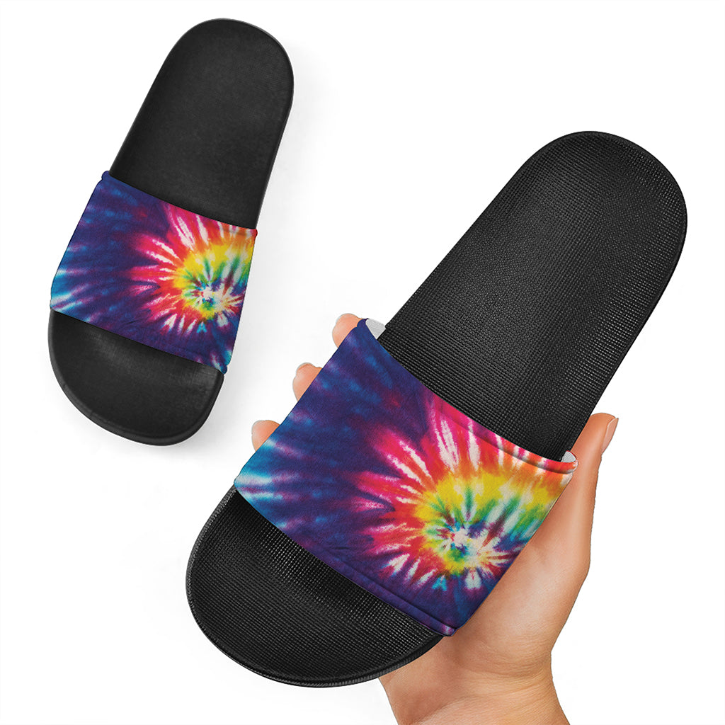 Rainbow Tie Dye Print Black Slide Sandals