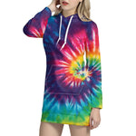 Rainbow Tie Dye Print Pullover Hoodie Dress