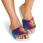 Rainbow Tie Dye Print White Slide Sandals