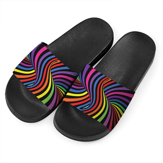 Rainbow Torus Psychedelic Print Black Slide Sandals