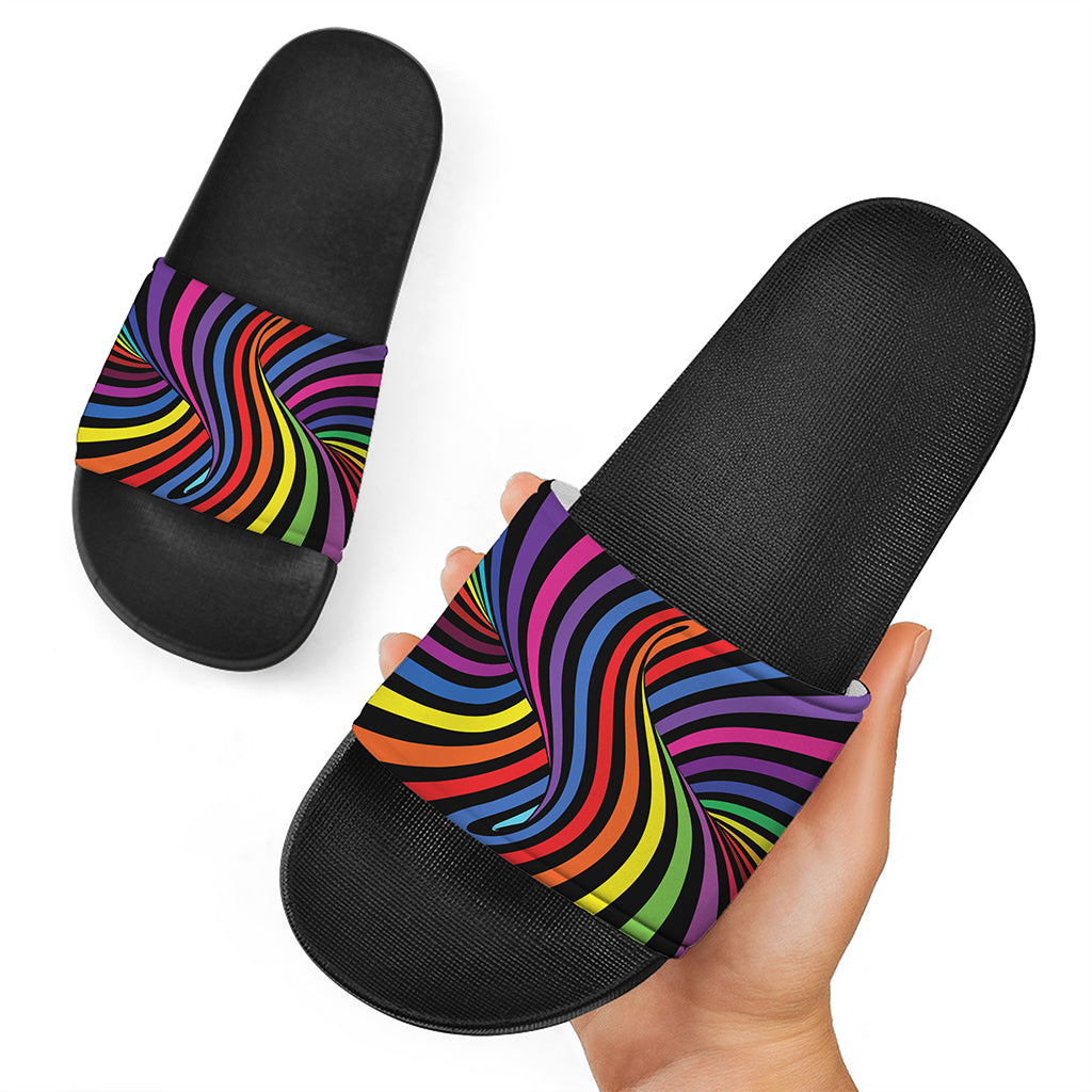 Rainbow Torus Psychedelic Print Black Slide Sandals
