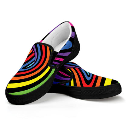 Rainbow Torus Psychedelic Print Black Slip On Shoes
