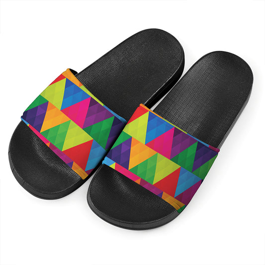 Rainbow Triangles Pattern Print Black Slide Sandals
