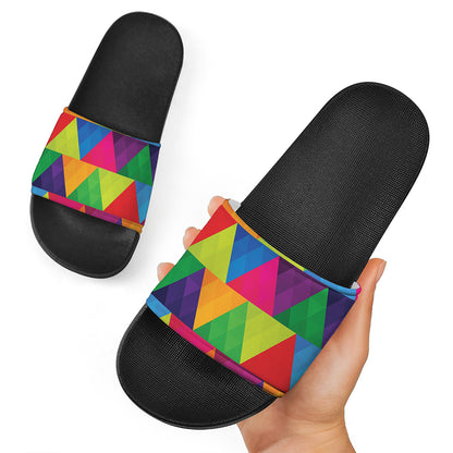 Rainbow Triangles Pattern Print Black Slide Sandals
