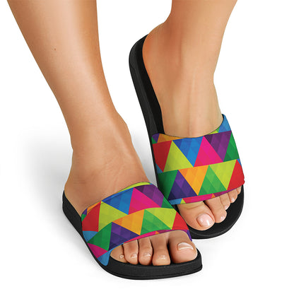Rainbow Triangles Pattern Print Black Slide Sandals