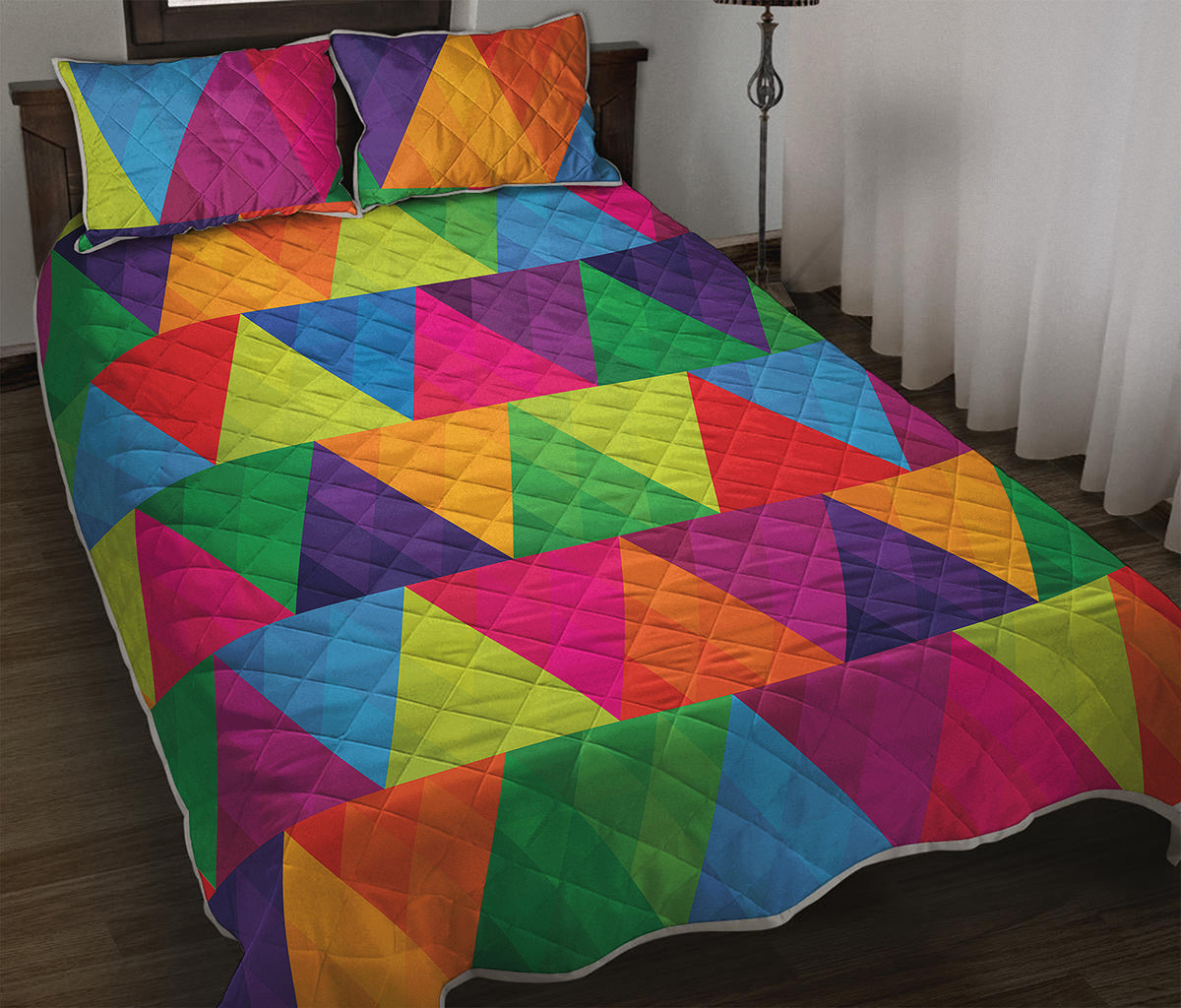 Rainbow Triangles Pattern Print Quilt Bed Set