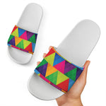 Rainbow Triangles Pattern Print White Slide Sandals