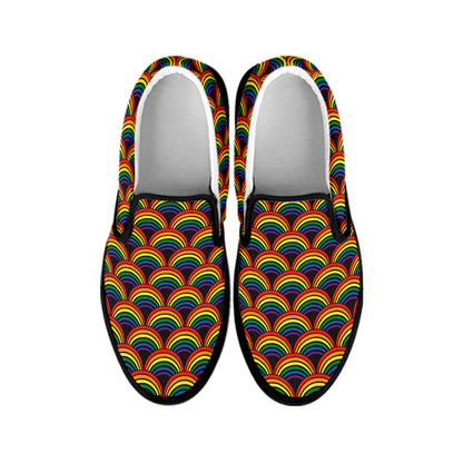 Rainbow Wave Pattern Print Black Slip On Shoes