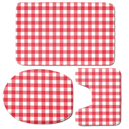 Raspberry Red And White Gingham Print 3 Piece Bath Mat Set
