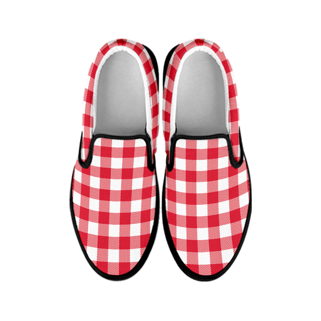 Raspberry Red And White Gingham Print Black Slip On Shoes