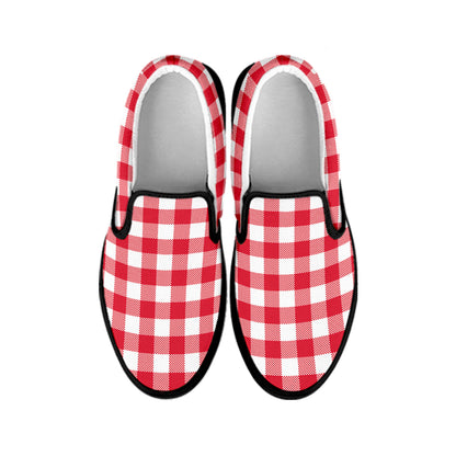 Raspberry Red And White Gingham Print Black Slip On Shoes