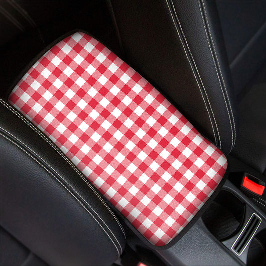Raspberry Red And White Gingham Print Car Center Console Cover