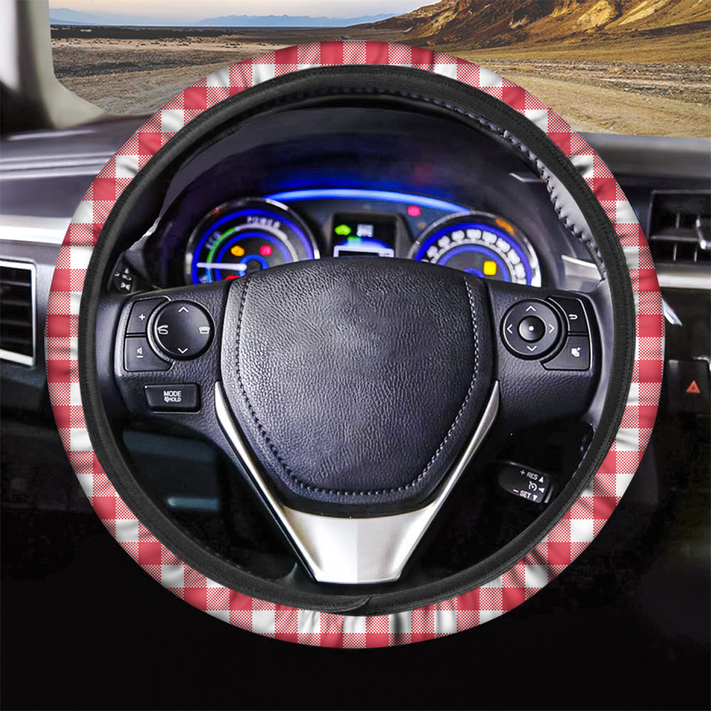 Raspberry Red And White Gingham Print Car Steering Wheel Cover