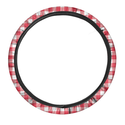 Raspberry Red And White Gingham Print Car Steering Wheel Cover