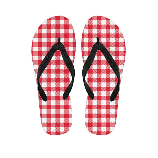 Raspberry Red And White Gingham Print Flip Flops