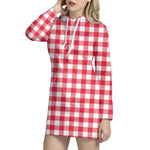 Raspberry Red And White Gingham Print Hoodie Dress